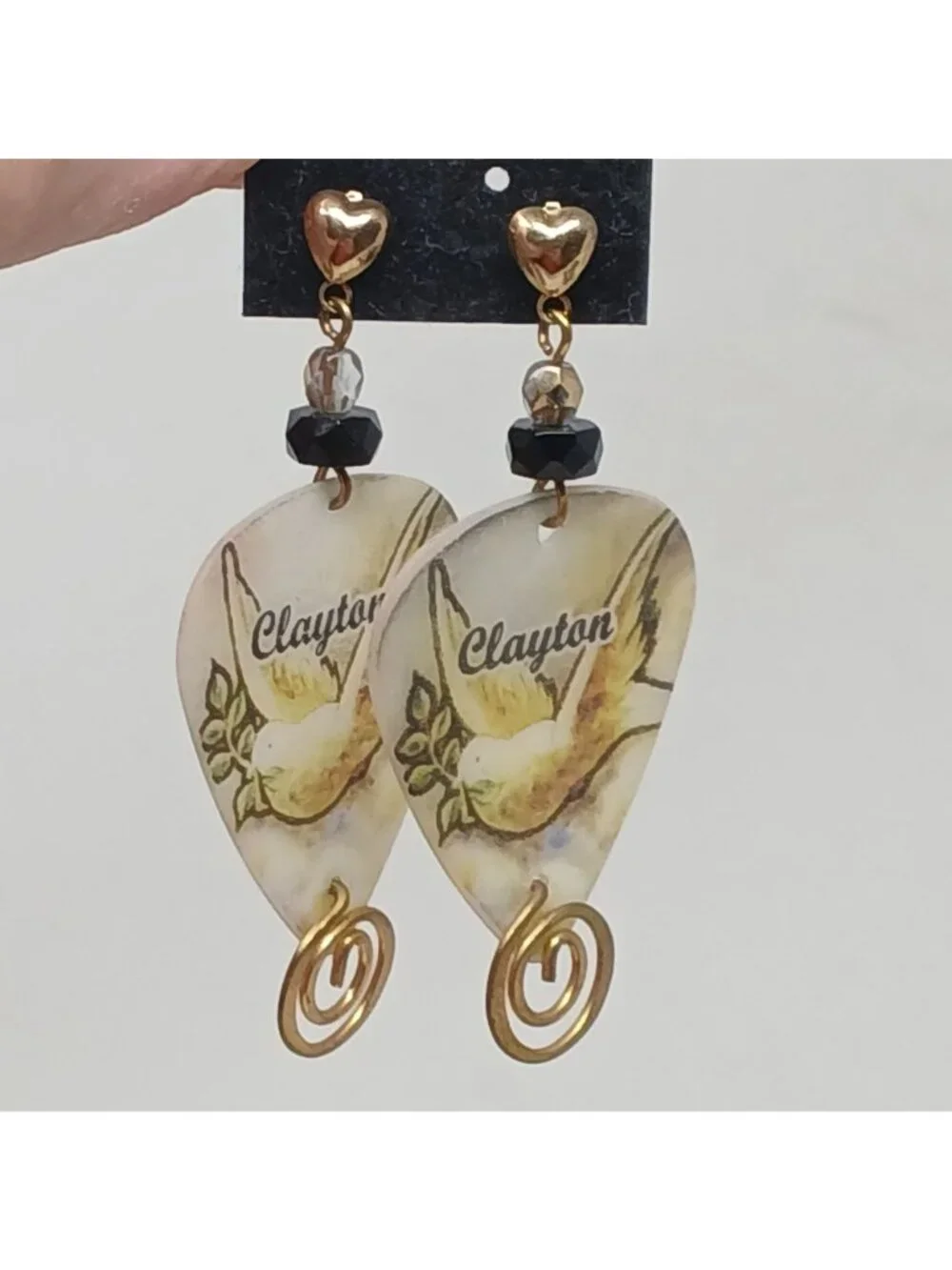 Clayton Guitar Pick Earrings Dove GoldTone Swirls Black Beads Handmade #J1-P